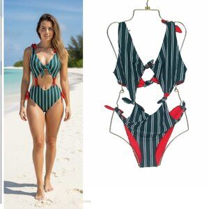 👙Rye Women's One Piece Swim Suit Bikini Sz M Striped Green White Red Bow & Tie